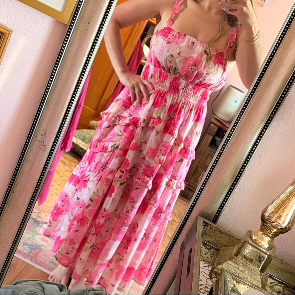 Grace Karin Pink Floral Tiered Maxi Dress